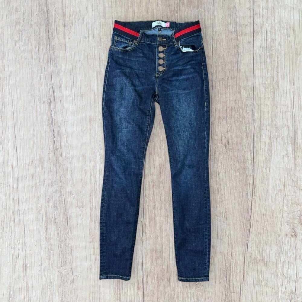 CABI Skinny Button Fly 3751 Stretch Denim Jeans Red/Blue Trim Size 4